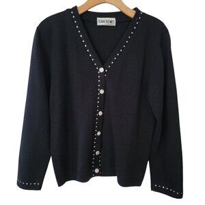 SAN REMO BY LAURA KNITS Cardigan Sweater Black Rhinestone Trim‎ Buttons Sz S Vtg